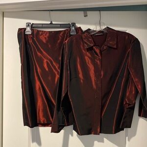 NWOT 2 p.100% Acetate Cranberry-long sleeve button shirt  & skirt w/a sheen look